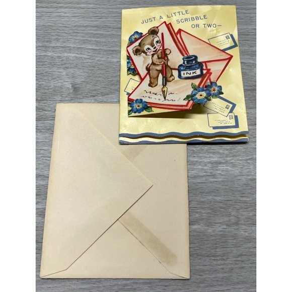 Greeting Card Thinking of You Diecut Anthropomorphic Bear Writing Letter Ink - Picture 7 of 7